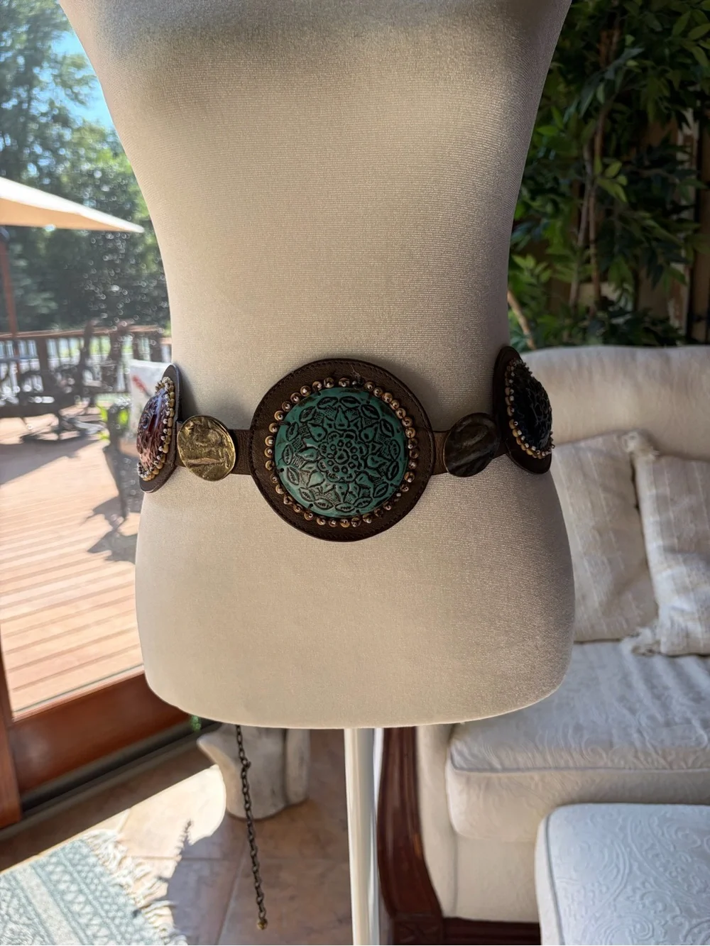 Chicos Genuine Leather Concho Belt Turquoise Blue and Rust Medallions Sz M/L